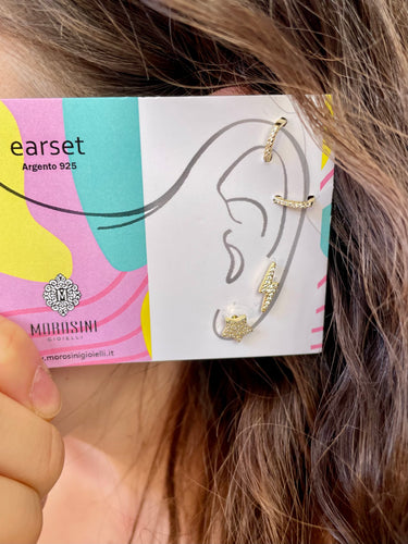 Earset argento placcato oro 4 orecchini fulmine stella